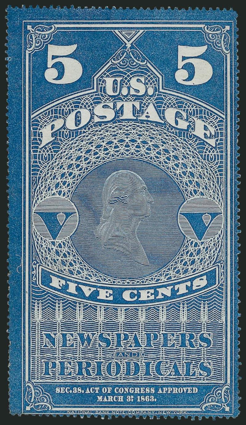 5c Light Blue, Colored Border (PR1a).> Without gum as issued, detailed impression, fresh and Fine example of this shade variety