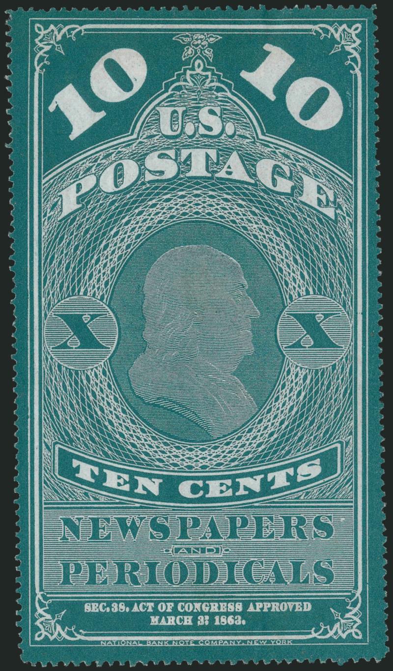 10c Blue Green, Colored Border, Pelure Paper (PR2b).> Without gum as issued, fresh and attractively centered, Very Fine