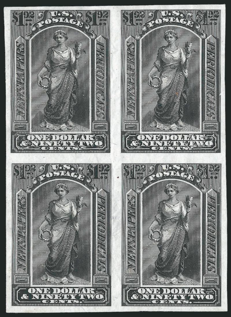 12c-$1.92 1875 Issue, Trial Color Plate Proofs on India (PR16TC3-PR24TC3).> Blocks of four, all in Black, large margins, few small imperfections as usually associated with this fragile paper, Very Fine
appearance, a scarce group of blocks, Scott Reta
