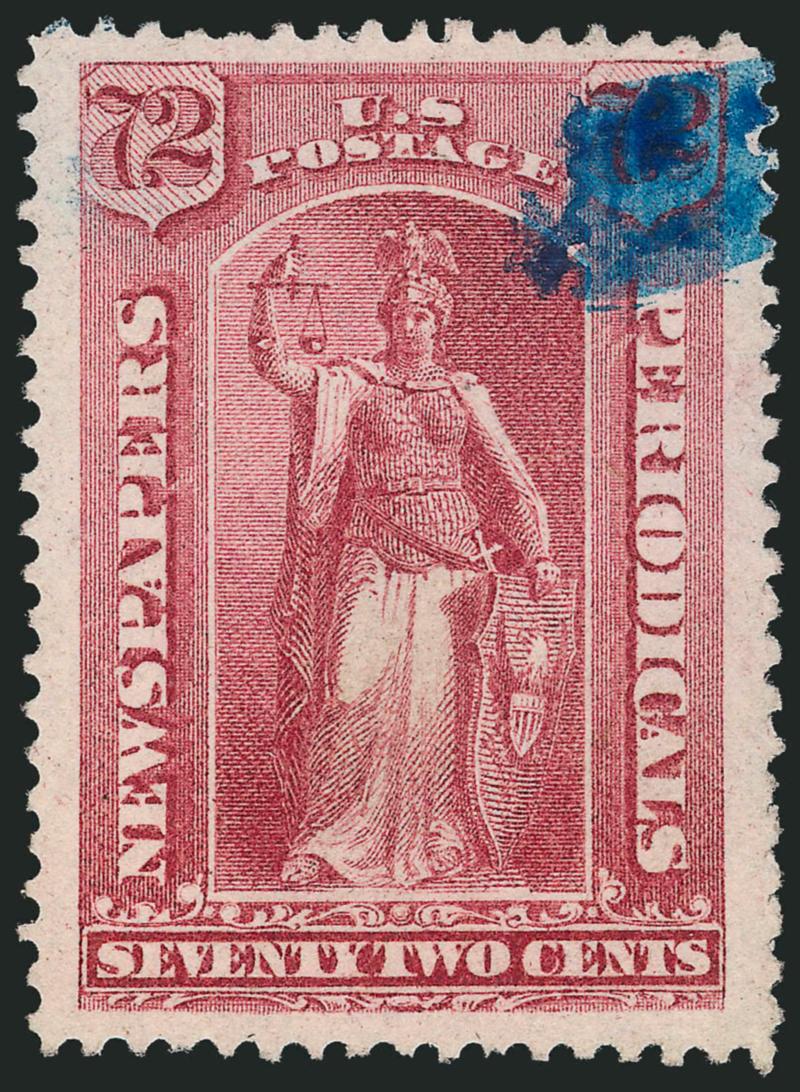 72c Rose, 1875 Issue (PR21).> Incredibly wide margins with fresh color on bright paper, small unobtrusive blue brush stroke cancel in top right corner, light pencil numbers on back, few typical blind perfs
bottom right, Very Fine and choice, attracti