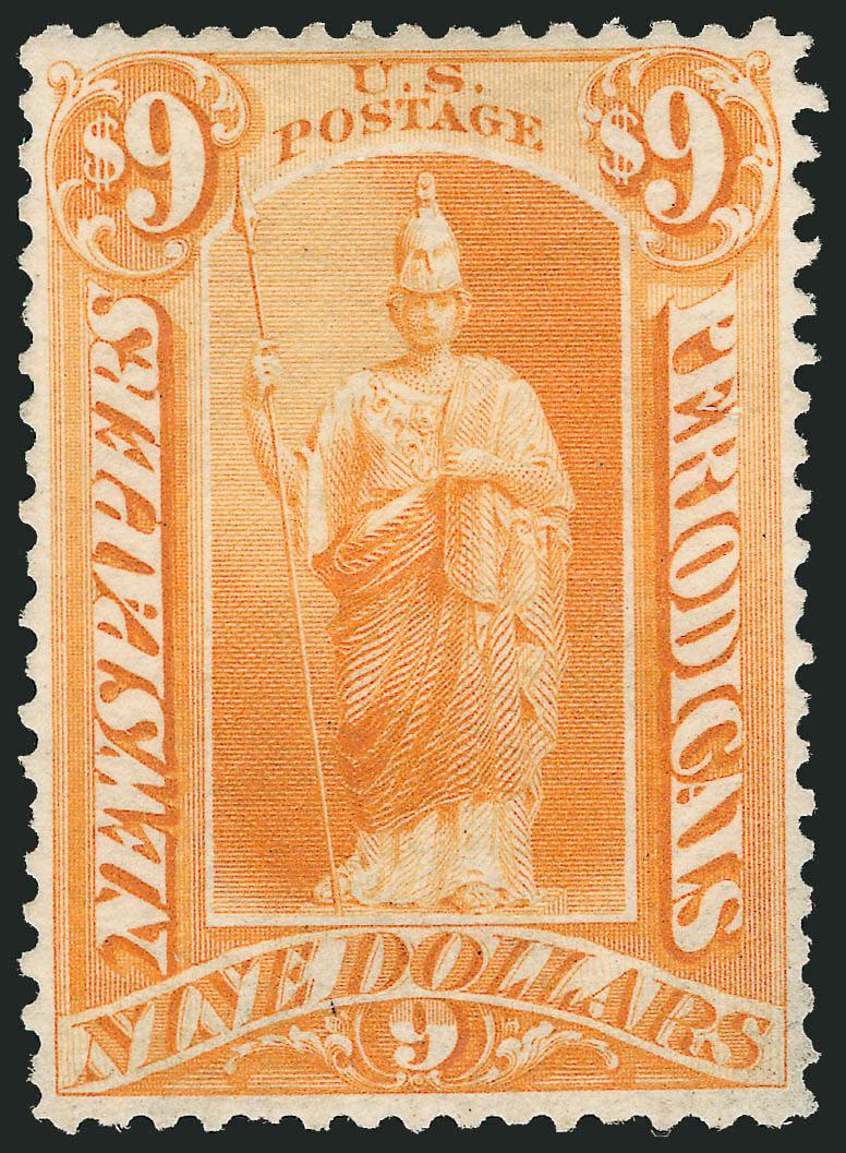 $9.00 Yellow, 1875 Issue (PR27).> Unused (regummed), bright color, reperfed at right, Very Fine appearance, a scarce stamp, with 1990 P.S.E. certificate