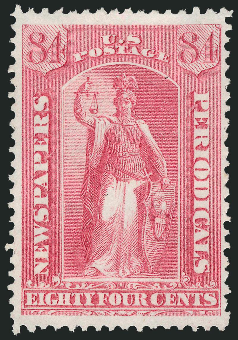 84c Pale Rose, 1875 Special Printing (PR46).> Without gum as issued, pristine color on perfect white paper, choice centering<><>^VERY FINE. A RARE SOUND EXAMPLE OF THE 84-CENT 1875 CONTINENTAL NEWSPAPER SPECIAL
PRINTING.^<><>Only 164 were sold. W