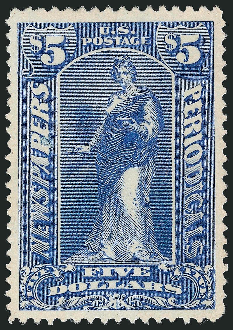 $5.00 Ultramarine, 1895 Issue (PR109).> Unused (no gum), uncharacteristically wide margins and nice centering, beautiful color, Extremely Fine, the distinctive color of this denomination is found only on the
unwatermarked issue