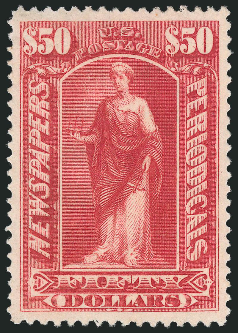 $50.00 Dull Rose, 1895 Issue (PR112).> Slightly disturbed original gum from hinge removal, perfectly balanced wide margins with gorgeous fresh color<><>^EXTREMELY FINE GEM. POSSIBLY THE FINEST EXISTING
ORIGINAL-GUM EXAMPLE OF THE ELUSIVE $50.00 UNW