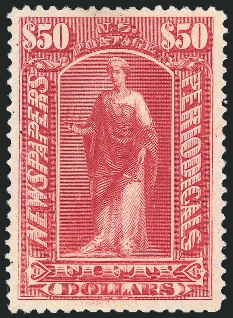 $50.00 Dull Rose, 1895 Issue (PR112).> Unused (no gum), beautiful wide margins and extraordinarily well-centered, vivid color on crisp paper, Very Fine and choice