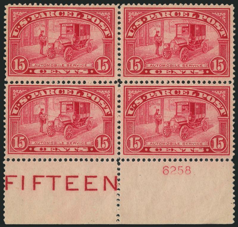 15c Parcel Post (Q7).> Mint N.H. bottom imprint and plate no. 6258 block of four, Fine-Very Fine, Scott Retail as hinged imprint and plate no. block of four (four Mint N.H. singles carry a value of
$720.00)