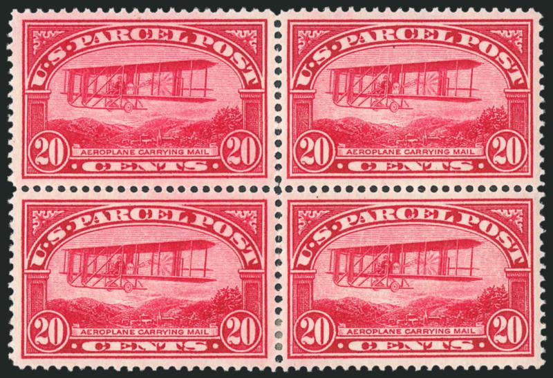 20c Parcel Post (Q8).> Block of four, top stamps Mint N.H., bottom stamps h.r., intense shade and impression, well-balanced margins, Very Fine-Extremely Fine, Scott Retail as singles