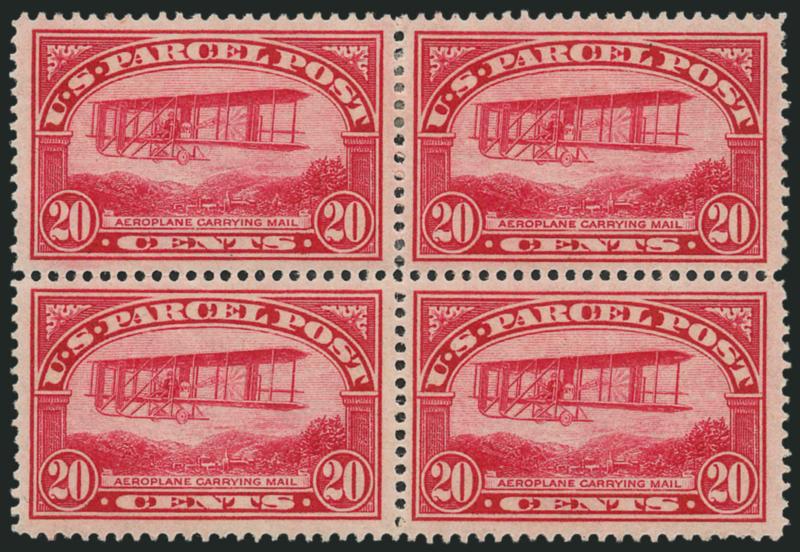 20c Parcel Post (Q8).> Block of four, bottom pair Mint N.H., wonderful margins and centering, top right and bottom left gum creases, otherwise Very Fine-Extremely Fine