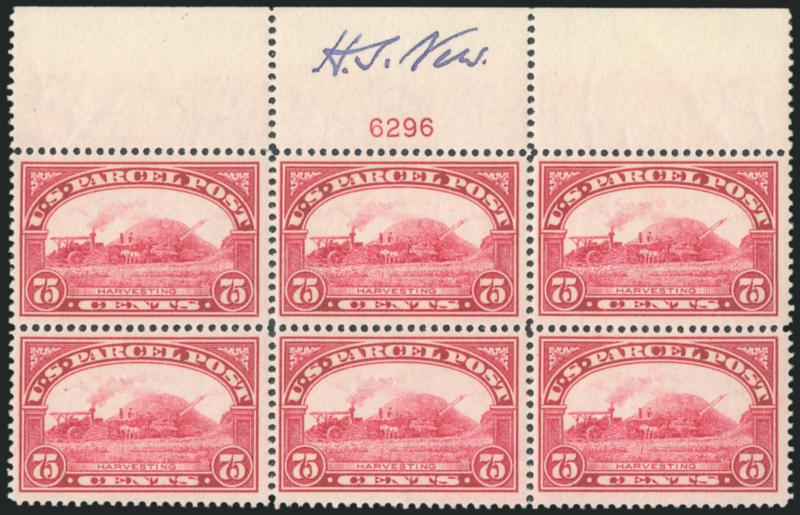 75c Parcel Post (Q11).> Mint N.H. top plate no. 6296 block of six, brilliant color, <signed by Harry S. New> in selvage at top center<><>^VERY FINE. A BEAUTIFUL AND RARE PLATE BLOCK OF THE 75-CENT PARCEL POST
ISSUE, SIGNED BY POSTMASTER GENERAL HAR