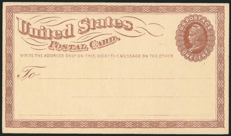 1c Brown on Buff, Postal Card, Large USPOD in Monogram Watermark (UX1 USPCC S1).> Mint card, fresh and clean, Extremely Fine, USPCC $400.00