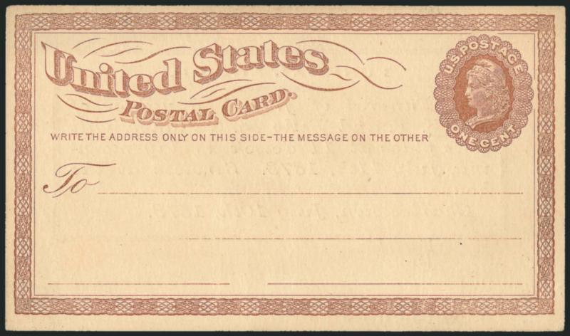 1c Brown, Postal Card, Inverted Large USPOD in Monogram Watermark (UX1var USPCC S1a).> Mint face with pre-printed funeral notice on reverse, Very Fine, USPCC value, Scott Retail unlisted