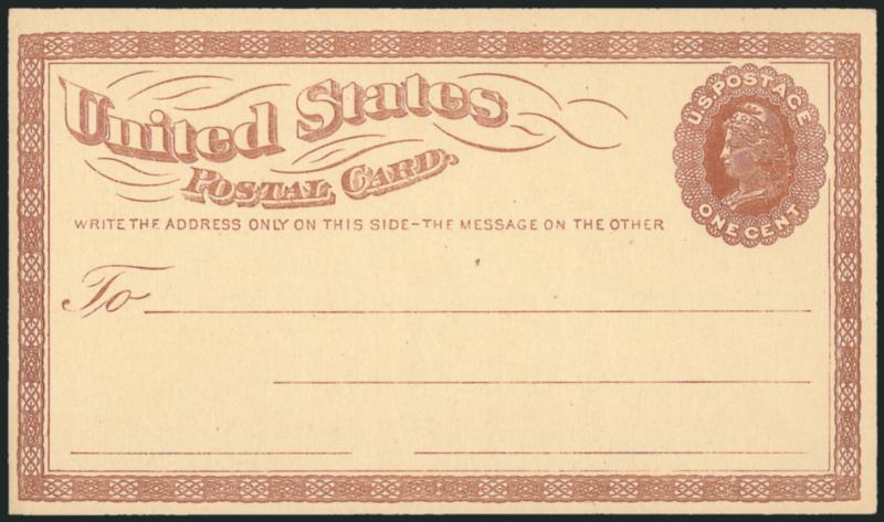 1c Brown on Buff, Postal Card, Small USPOD Watermark, Varieties (UX3 vars USPCC S2c, S2d, S2e, S2i).> No. S2d Mint face with singing rehearsal notice pre-printed reverse, other three Mint cards, varieties incl.
Inverted, Reversed, Inverted and Rev
