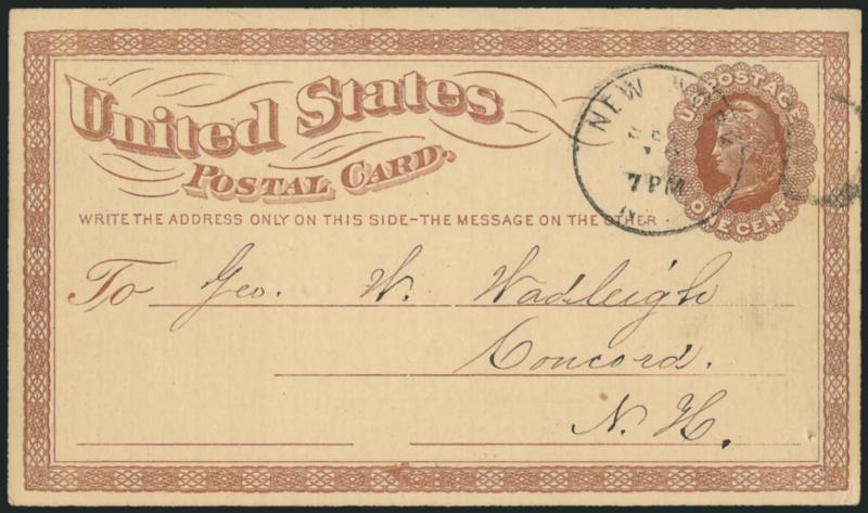 1c Brown on Buff, Postal Card, Unwatermarked (UX3a USPCC S2j).> Plate 59 intermediate 1874 printing of normal color proof on trial unwatermarked card stock, partial New York circular datestamp and used
September 16, 1875, printed sewing machine bill