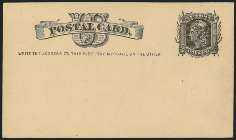 1c Black on Buff, Postal Card, Watermarked Small USPOD in Monogram (UX4 USPCC S3).> Mint, strong shade on remarkably clean card<><>^VERY FINE EXAMPLE OF THE RARE MINT UX4 POSTAL CARD. ONE OF THE KEYS TO A
COMPLETE MINT COLLECTION.^<><>USPCC $3