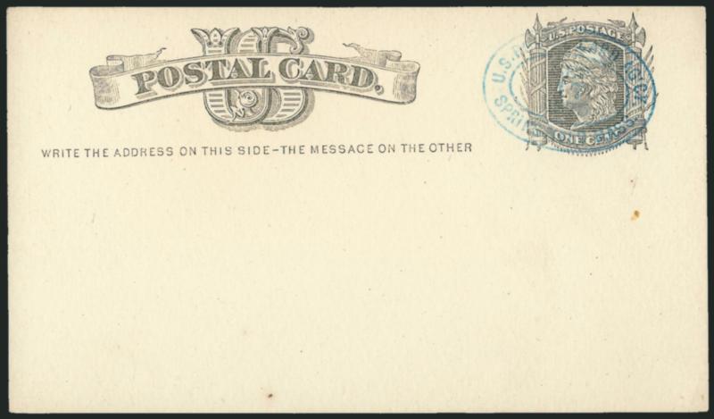 1c Black on Cream, Postal Card Specimen (UX5S USPCC S4SP-2, Ty. A-2 ).> Blue U.S. Postal Card Agcy, Springfield Mass. Sep. 17, 1875 double-oval datestamp, Very Fine, USPCC value, Scott Retail unpriced