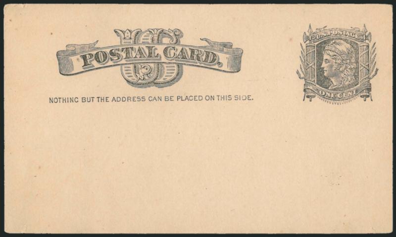 1c Black on Buff, Postal Card, Printed on Both Sides (UX7b USPCC S6c).> Mint card, tiny flaws and very faint toning, otherwise Very Fine, very scarce, USPCC $1,000.00