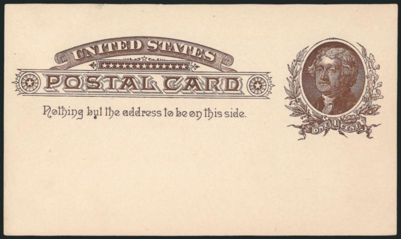 1c Dark Chocolate on Buff, Postal Card (UX8c USPCC S7a).> Mint card, incredibly strong color, tiny natural inclusion just beneath u of but, otherwise Extremely Fine, USPCC $260.00