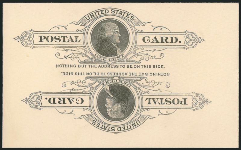 1c Black on Buff, Postal Card, Double Impression, One Inverted (UX9c USPCC S8d).> Mint card, fresh, bright and crisp<><>^VERY FINE. THIS IS THE FINER OF THE TWO KNOWN MINT EXAMPLES OF THIS MAJOR POSTAL CARD
RARITY.^<><>The other recorded example