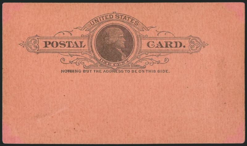 1c Black on Salmon Pink, Postal Card, Error of Card Stock Color (UX9d USPCC unlisted).> Mint card, the USPCC does not recognize these as error cards even though the printing of the design is 100% genuine, it
seems the salmon pink stock was used as a