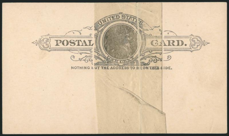 1c Black on buff, Postal Card, Vertical Paste-Up (UX9 var USPCC S8PUv).> The so-called Woolworth Co. paste-up, approximately 39mm clear tape on one side, Very Fine appearance and extremely rare, USPCC lists
only three recorded