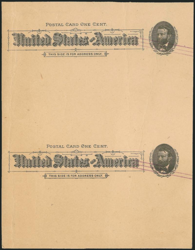 1c Black on Buff, Postal Card, Three 50mm Violet Bars Specimen Ovpt. (UX10S USPCC S10Sp-3, Ty. HB-1). Vertical pair,> light creases, otherwise Very Fine, rare, Specimen Postal Cards are almost never seen in
multiple form, USPCC value as two single S