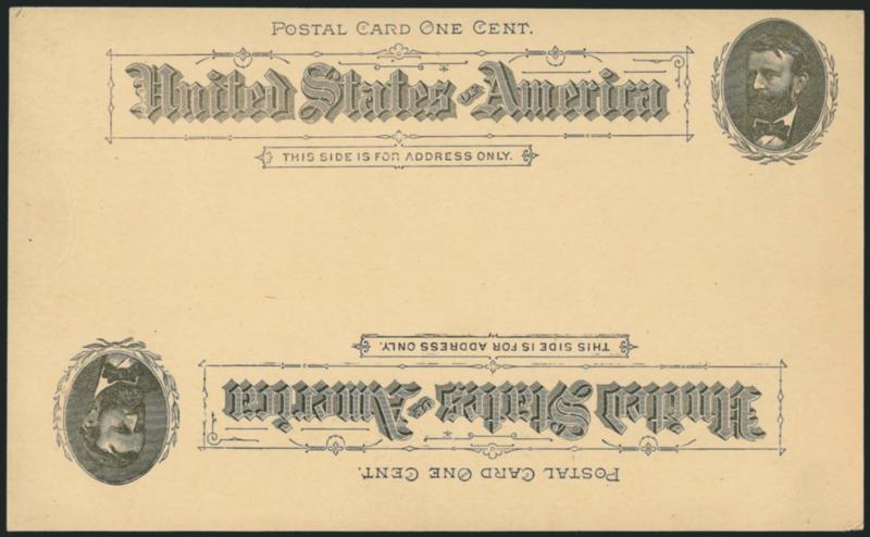 1c Black on Buff, Postal Card, Double Impression, One Inverted (UX10a USPCC S10a).> Mint card, nicely balanced and displaced impressions, trivial wrinkle at right<><>^VERY FINE. A HANDSOME AND EYE-CATCHING
EXAMPLE OF THIS RARE ERROR CARD.^<><>US