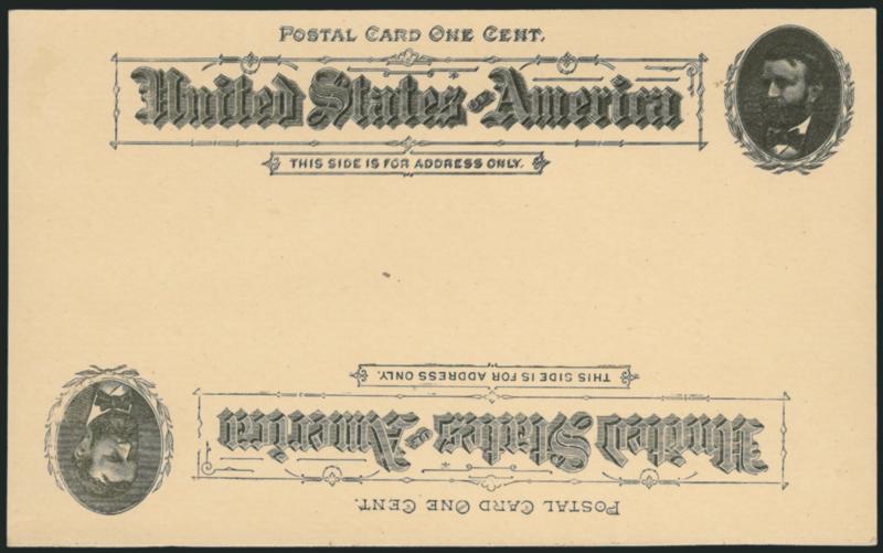 1c Black on Buff, Postal Card, Triple Impression, One Inverted (UX10c USPCC S10c).> Mint card, wonderfully fresh and fault-free<><>^EXTREMELY FINE. AN STRIKING EXAMPLE OF THIS MAJOR POSTAL CARD RARITY.^<><>Only
four recorded (all Mint). USPCC un