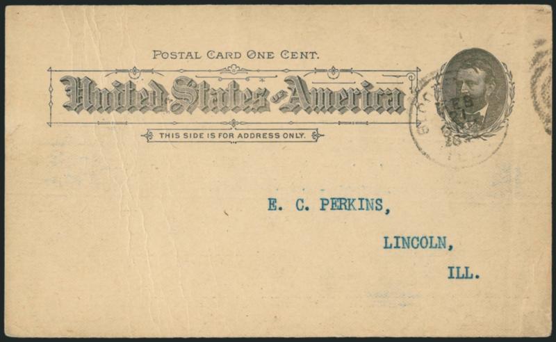 1c Black on Buff, Postal Card, Papermakers Splice (UX10var USPCC S10PUh).> Beautifully executed rejoining, could be easily missed under casual examination, Bloomington Ill. circular datestamp and target duplex,
reverse with printed loan company for