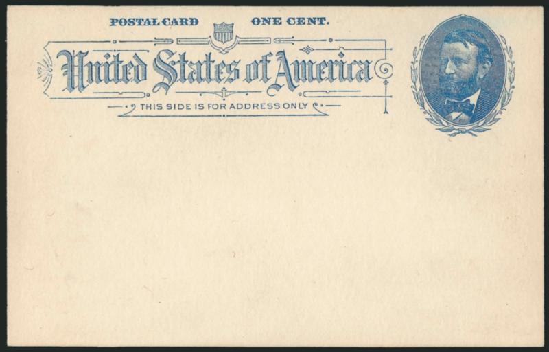 1c Blue on Grayish White, Postal Card, Picture Hanger Variety (UX11 var USPCC S12e).> Mint card, fresh and bright, Extremely Fine, given this name due to the small rounded loop in the outer frame line at the
top of the indicia oval, scarce plate v