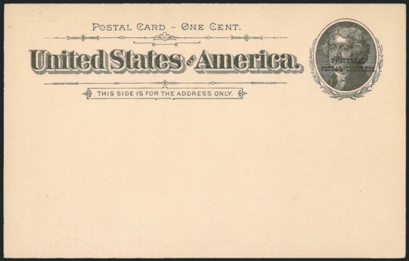 1c Black on Buff, Universal Postal Congress Specimen Ovpt. (UX12SQ USPCC S14Sp-1, Ty. T-4).> Pristine card, Extremely Fine, only 125 sets prepared, these were issued to the delegates to the Universal Postal
Congress held in Washington D.C. May 5-J