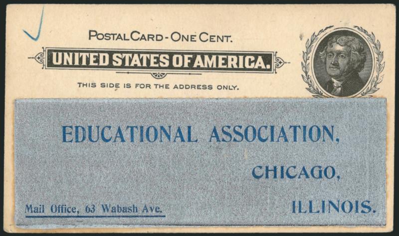 1c Black on Buff, Postal Card, Coated For Re-Use by Louis Smith of Chicago (UX14 var USPCC S17 var).> Two cards, silver bands on front for new addresses, clay coated on back for new messages, one unused front
and back, other used from Chicago Jul. 2