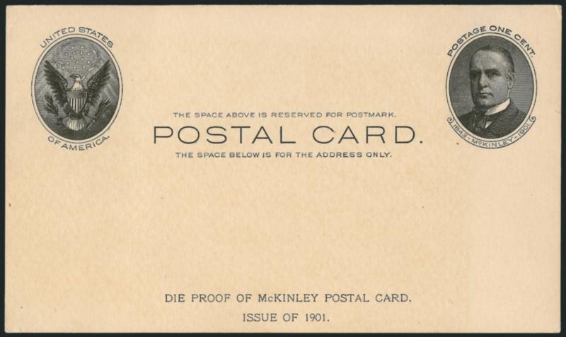 1c Black on Buff, Full-Face McKinley Postal Card Proof (UX17P USPCC 21P).> Imprinted Die Proof of McKinley Postal Card. Issue of 1901 at bottom, Very Fine and scarce