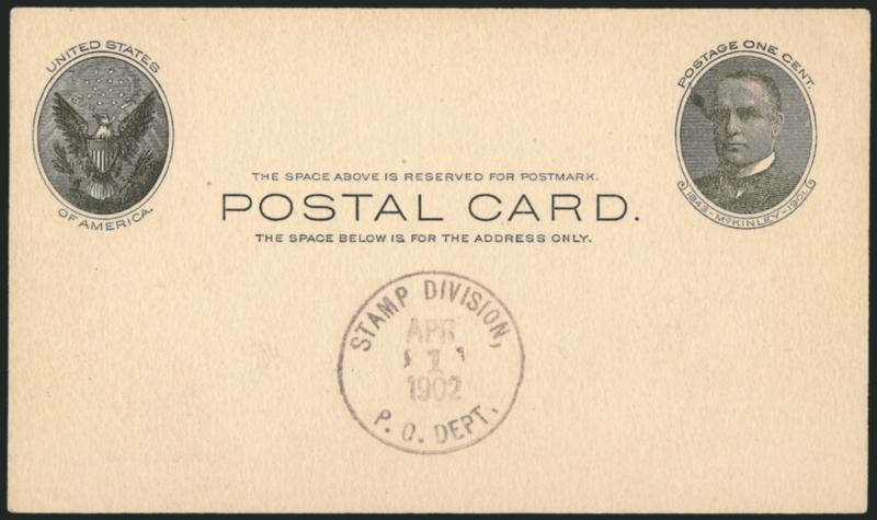 1c Black on Buff, Full-Face McKinley Postal Card, Stamp Division, P.O. Dept. Apr 1 1902 Production Specimen Circular Datestamp (UX17S USPCC S21Sp-2a Ty. A-10).> Natural inking flaw near McKinleys forehead, Very
Fine and rare, USPCC value, Scott R