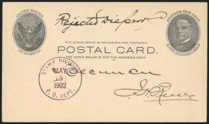 1c Black on Buff, Full-Face McKinley Postal Card, Purple Stamp Division, P.O. Dept. May 5 1902 Production Specimen Circular Datestamp With Additional Manuscript Rejected Dieproof and Specimen (UX17S USPCC
S21Sp-2c Ty. A-10).> Signed J. H. Reev