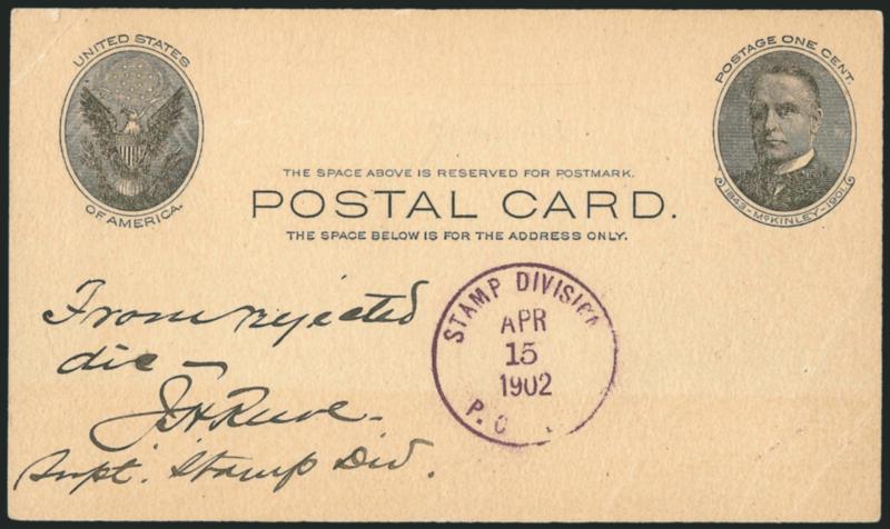 1c Black on Buff, Full-Face McKinley Postal Card, Purple Stamp Division, P.O. Dept. April 15 1902 Production Specimen Circular Datestamp With Additional Manuscript From rejected die (UX17S USPCC S21Sp-2b Ty.
A-10 var).> And Signed J. H. Reeve, S