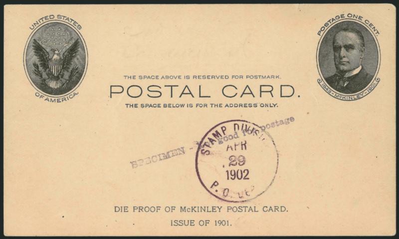1c Black on Buff, Full-Face McKinley Postal Card, 60.6mm x 2mm Gray Black SPECIMEN-Not good for postage handstamp, plus Stamp Division P.O. Dept. Apr 29 1902 Production Specimen Circular Datestamp (UX17S).>
Additional two Line Imprint at Bottom 