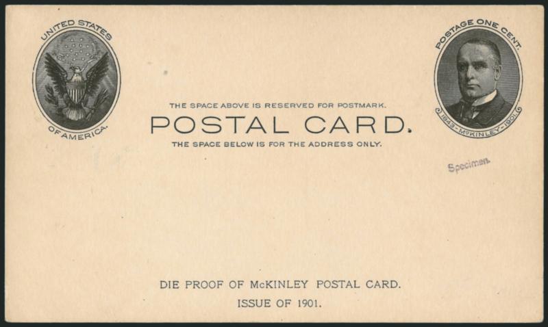 1c Black on Buff, Full-Face McKinley Postal Card Proof, Diagonal 11mm Gray Black Specimen Handstamp (UX17S USPCC S21Sp-5 Ty. H-2).> Also imprinted Die Proof of McKinley Postal Card. Issue of 1901 at bottom,
Very Fine and scarce, USPCC rare