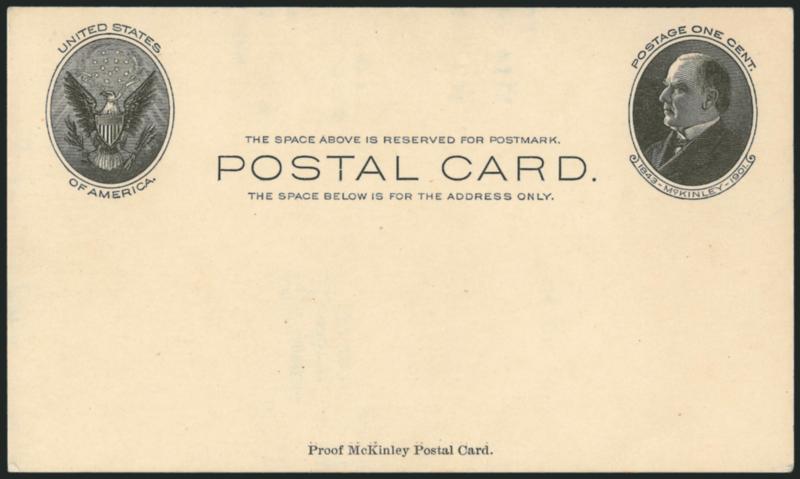 1c Black on Buff, Postal Card, Die Proof (UX18P USPCC S22P).> Proof McKinley Postal Card. imprint at bottom, wonderfully fresh with an unmistakable proof impression, Very Fine