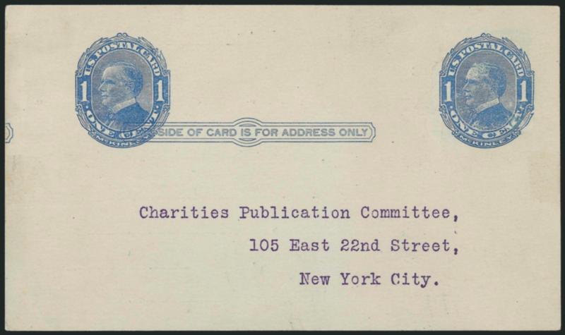 1c Blue on Bluish, Postal Card, Shaded Background, Double Impression (UX21b USPCC S28c).> Unused with typewritten face and reverse, Very Fine and extremely rare, USPCC states that two pre-printed examples are
recorded, USPCC $1,350.00 as mint, unpri