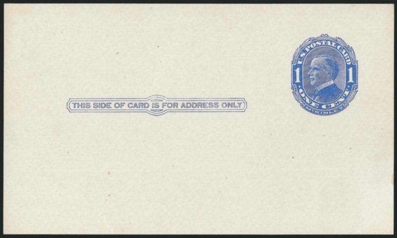 1c Blue on Bluish, Postal Card, Shaded Background, Four Arcs Above and Below IS in Inscription (UX21e USPCC S28f, Ty. I).> Mint card, fresh and Extremely Fine, scarce variety in premium condition, USPCC
$2,500.00