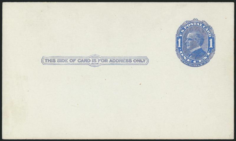 1c Blue on Bluish, Postal Card, Shaded Background, Three Arcs Above and Below IS in Inscription (UX21e var USPCC S28f, Ty. II).> Mint card, two arcs below IS and only one above<><>^EXTREMELY FINE. A VERY RARE
AND HIGHLY COLLECTIBLE POSTAL CARD