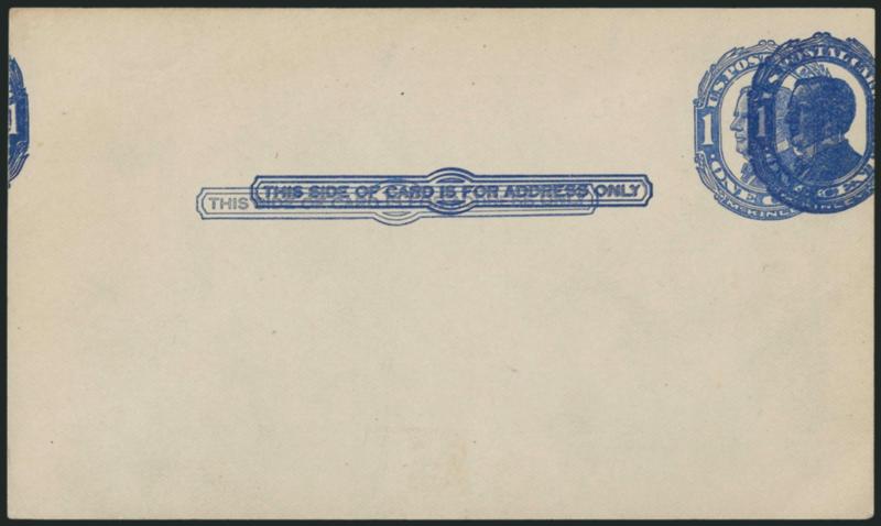 1c Blue on Bluish, Postal Card, White Background, Triple Impression (UX22b USPCC S30c).> Mint card, two impressions almost coincidental, other widely displaced<><>^VERY FINE. A RARE AND SELDOM-OFFERED POSTAL
CARD PRINTING ERROR.^<><>This strikin