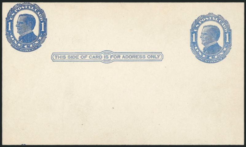 1c Blue on Bluish, Postal Card, Unshaded Background, Double Impression (UX22a USPCC S30bh).> Mint card, beautiful wide displacement, fresh and Extremely Fine, USPCC $600.00