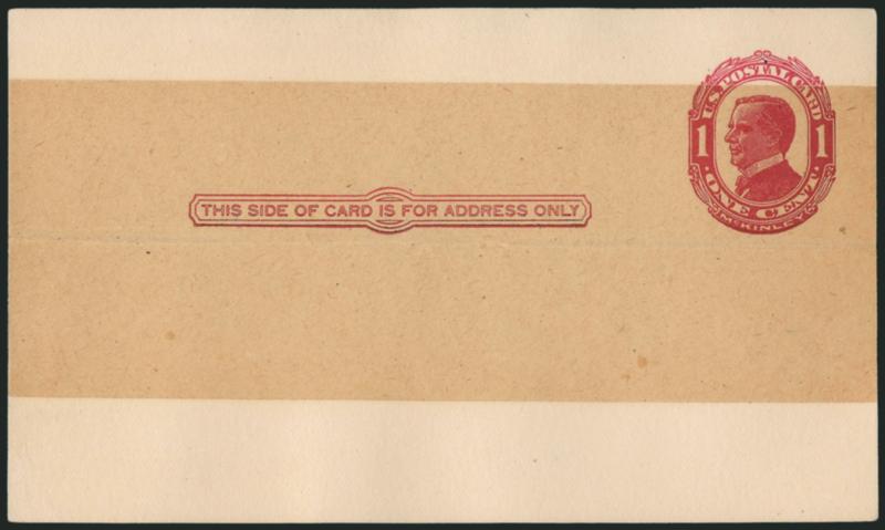 1c Red on Cream, Postal Card, Horizontal Paste-Up (UX24 var USPCC S33PUh).> Mint card, 51mm wide light brown tape, Very Fine, USPCC value