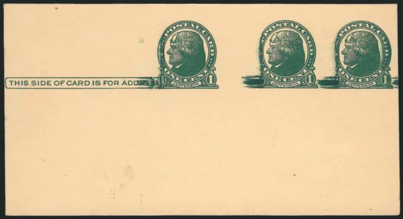 1c Green on Buff, Die I Postal Card, Triple Impression (UX27e USPCC S37Ech).> Mint card, minor wrinkle trivial light soiling spot<><>^VERY FINE. THE UNIQUE EXAMPLE OF THIS STRIKING TRIPLE IMPRESSION ERROR. A
SPECTACULAR RARITY.^<><>USPCC unprice