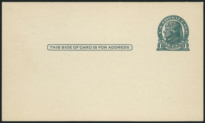 1c Dark Green, Die II, Gray Rough-Surfaced Postal Card (UX27D USPCC S39).> Mint card, deep rich color, clearly showing the die type with distinctive coat lines<><>^EXTREMELY FINE GEM. AN EXTREMELY RARE EXAMPLE
OF THE DIE II DESIGN ON THE PROVISION