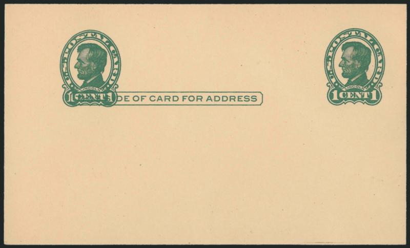 1c Green on Dark Buff, Postal Card, Double Impression (UX28b USPCC S40b).> Mint card, striking wide displacement of impressions, wonderfully fresh and crisp, Extremely Fine Gem, according to the USPCC there is
only one Mint card recorded, though a d
