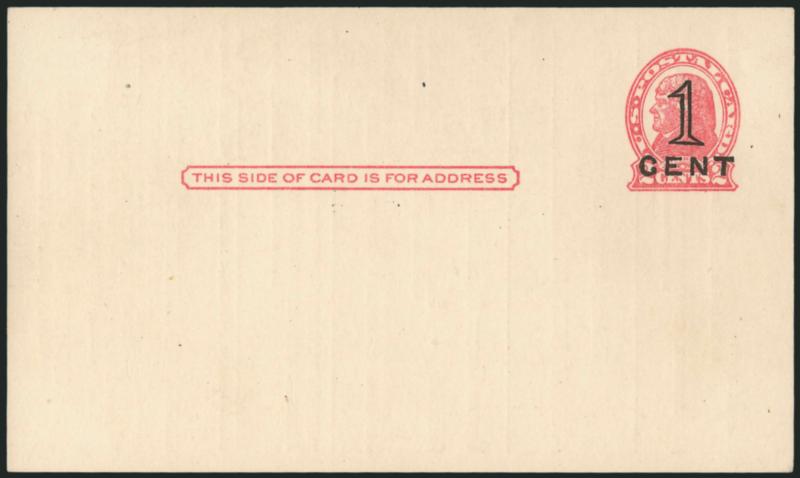 1c on 2c Red on Buff, Die I, 1c on 2c Red on Cream, Die II, Postal Cards, Washington D.C. Press-Printed Surcharges (UX34-UX35 USPCC S46-1-S47-1).> Die I Mint face with pre-printed reverse (Railway Express
consignee notice), Die II Mint card, fresh a