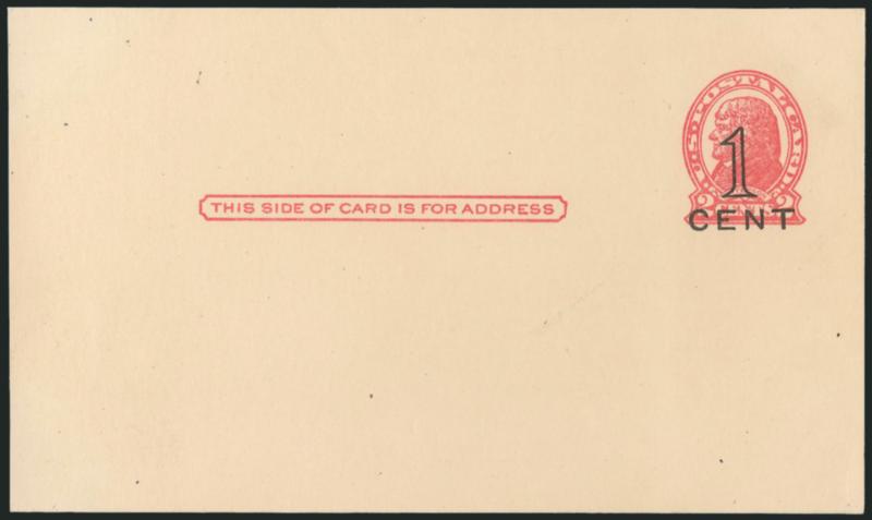1c on 2c Red on Buff, Die I, 1c on 2c Red on Cream, Die II, Postal Cards, San Francisco, Cal. Press-Printed Surcharges (UX34-UX35 USPCC S46-2, S47-2).> Mint cards, Die II minor light toning on reverse,
otherwise Very Fine, USPCC $900.00