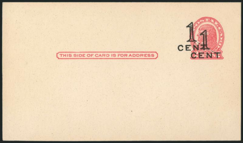1c on 2c Red on Buff, Die I, Postal Card, San Francisco Cal. Press-Printed Double Surcharge (UX34a USPCC S46-2b).> Mint card, two bold and nicely displaced surcharges, Extremely Fine, scarce, USPCC
$650.00